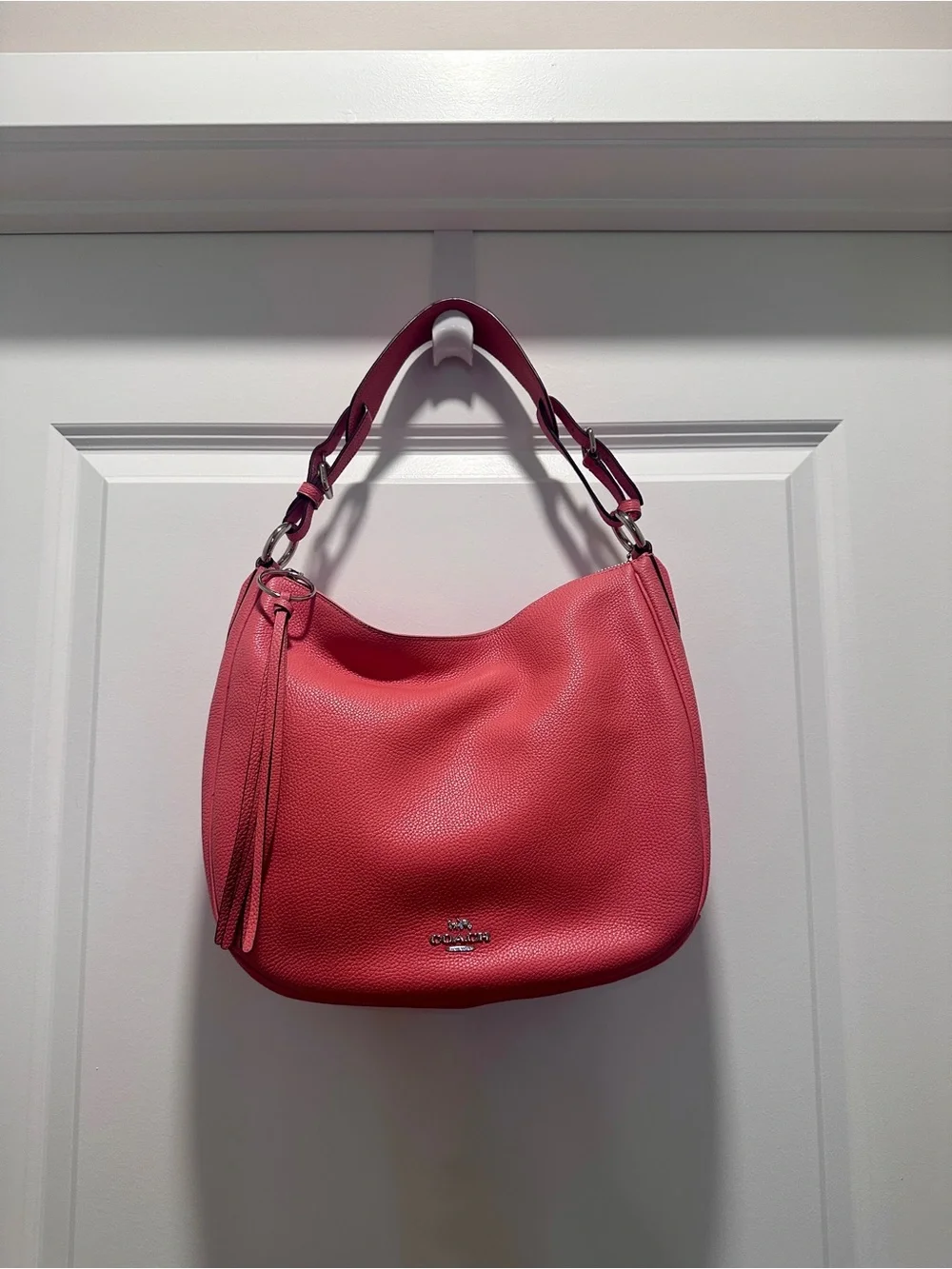 Coach Pebbled Leather Hobo Bag in Coral